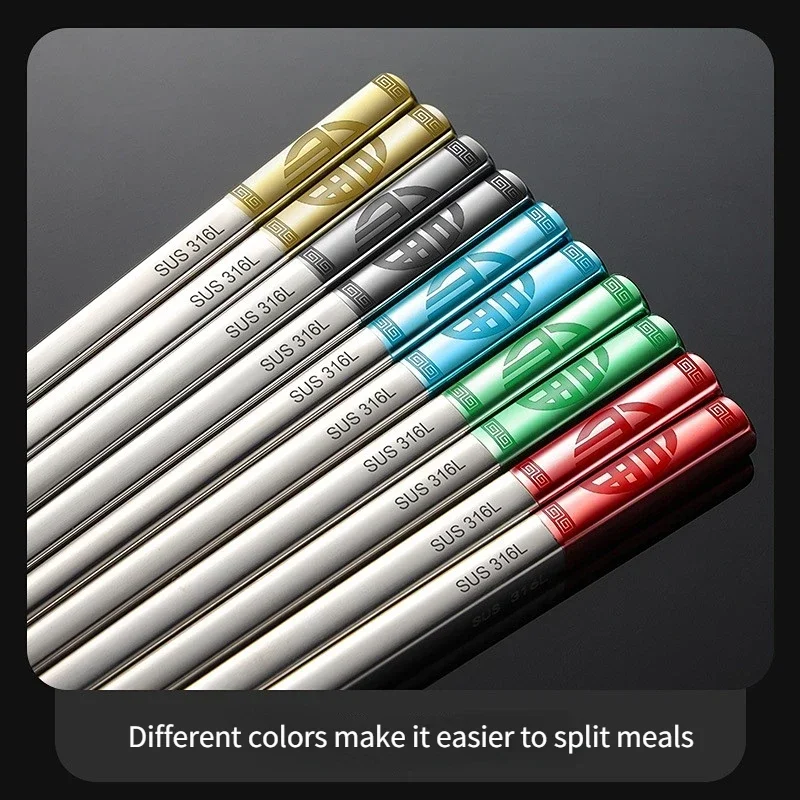 6color Stainless Steel Metal Chopsticks Household Lunch Tableware Travel High Temperature Sterilizable Non-slip with Storage Box