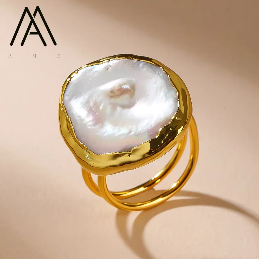 

Classic Natural Pearl Ring Elegant Luxury Iridescent Pearl Ring 18K Gold-Plated Jewelry for Women's Wedding Engagement Party