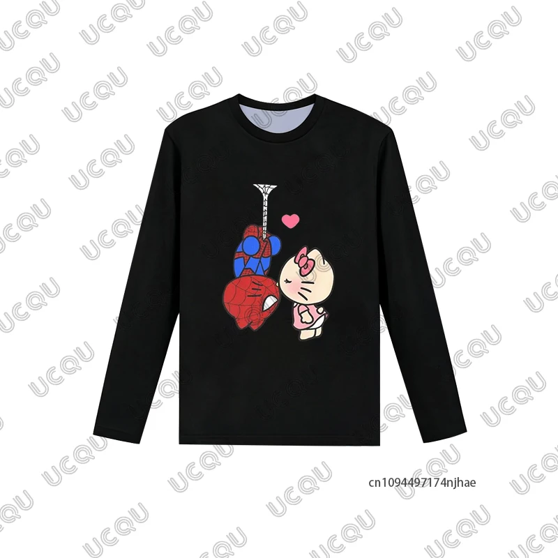 2피스 의상 남성용 트랙수트 스파이더맨 & 헬로키티 프린트 긴팔 티셔츠+파자마 바지 캐주얼 커플 수트 오버사이즈 세트