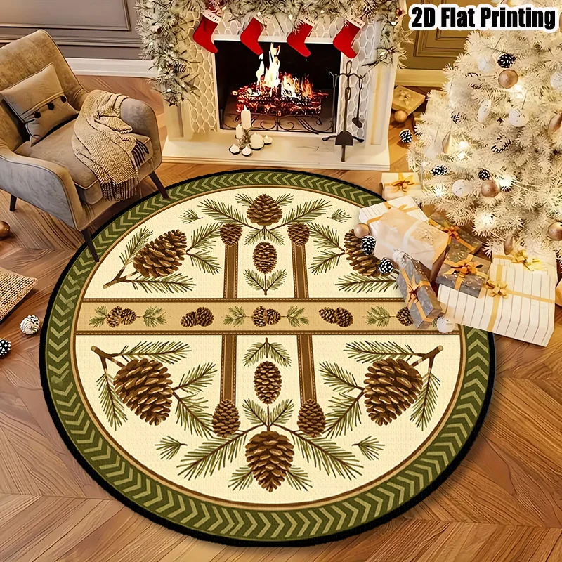 Christmas Round Area Rug Realistic Pinecone Branch Circle Carpet Washable Non Slip Farmhouse Front Door Entryway Decor