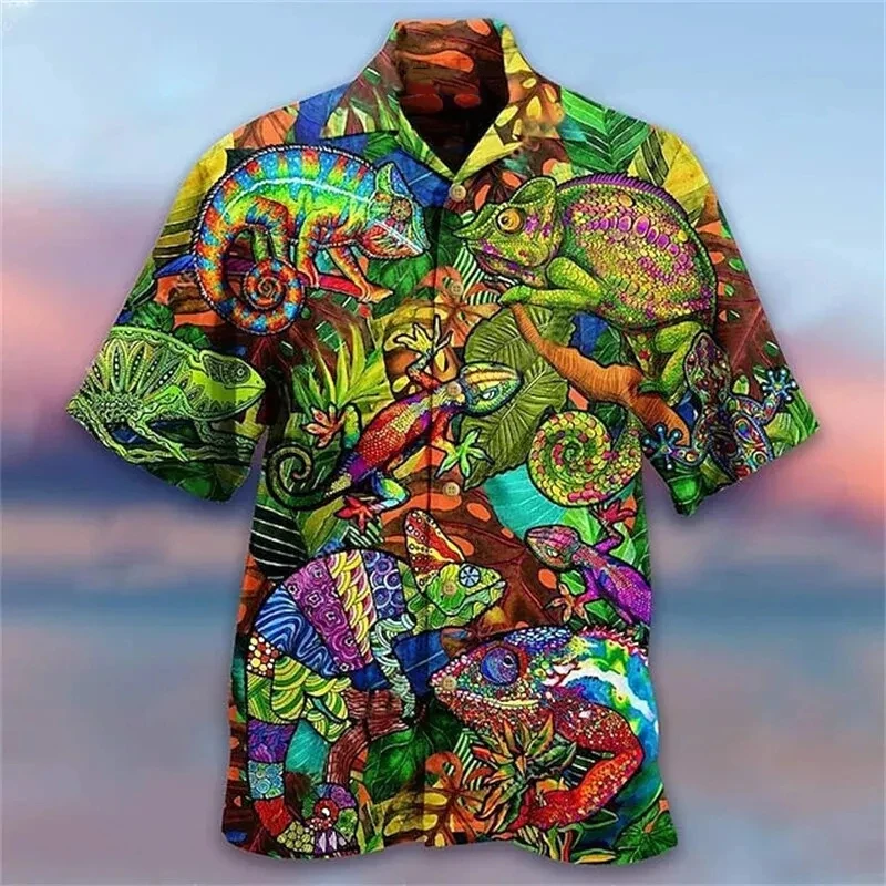 Colorful Chameleon Shirt For Men's Harajuku Casual Lapel Button Shirts Hawaiian Vacation Clothing 3d Printed Treasure Blouse