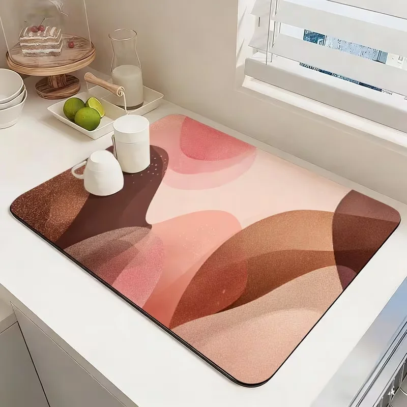Abstract Wave Geometric Print Absorbent Dish Drying Mat Non Slip Kitchen Sink Counter Draining Pad Tabletop Protector Decor