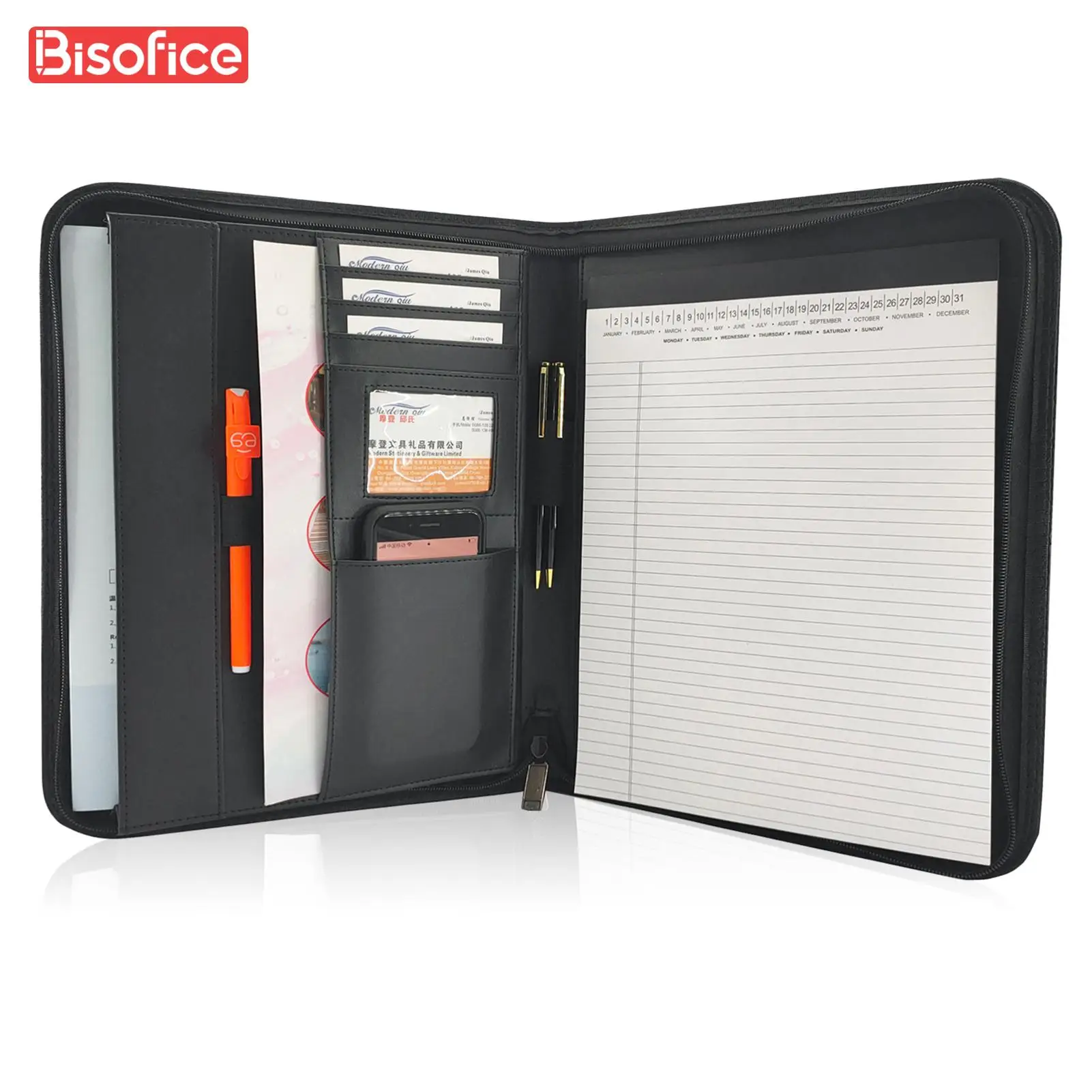 Bisofice Zippered Business Padfolio A4 PU Leather Portfolio Organizer for Interview Resume Document PlannerTablet Sleeve Holder