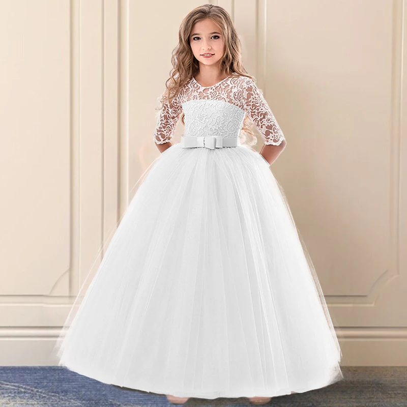 Teen Girl Formal Party Dress Bridesmaid Girl Flower Costume for Wedding Children White 1st Communion Princess Dress Gala Clothes