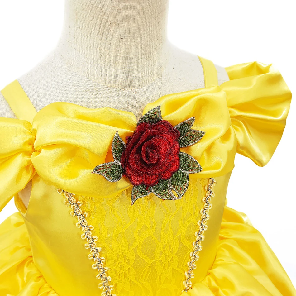 beauty and the beast birthday dress Princess Belle Beauty and the Beast Inspired Gold Satin Red Rose Tutu Dress Pageant Ball Gown Birthday Party Costume