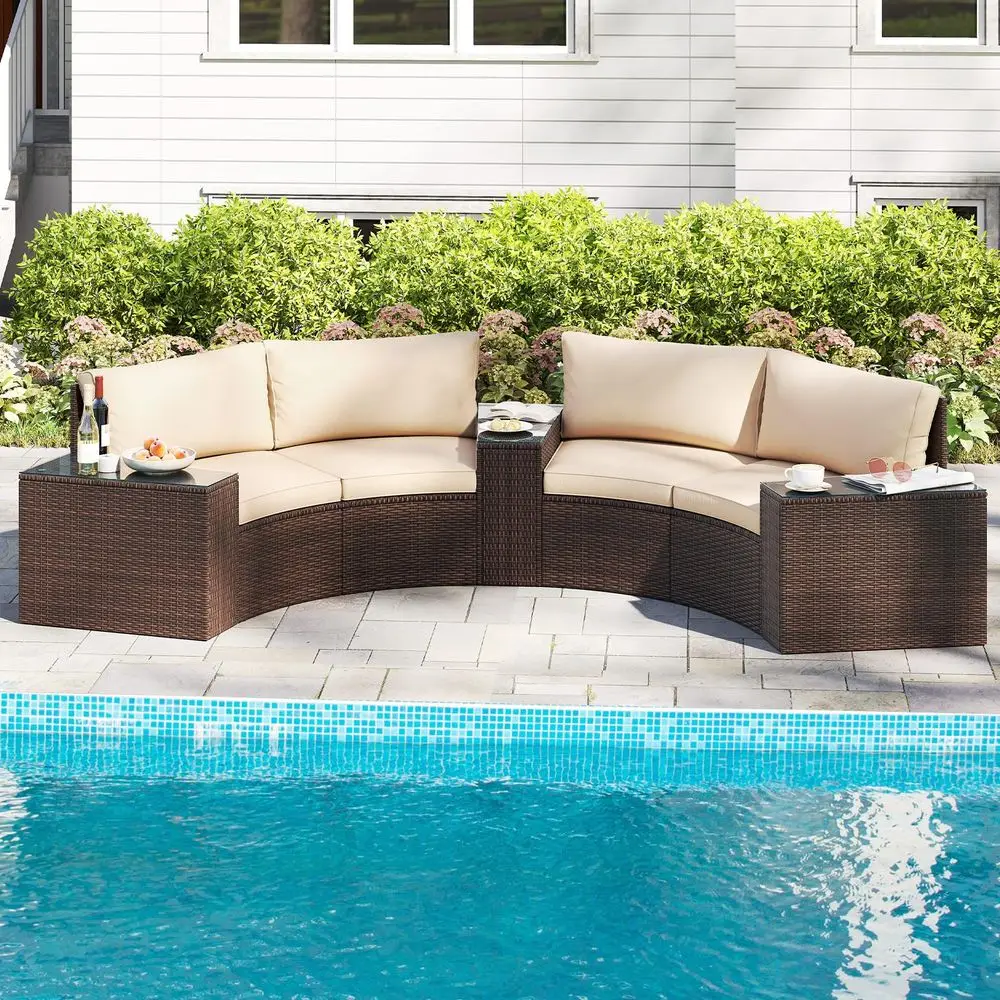 5 Pieces Patio Furniture Set, PE Rattan HalfMoon Curved Sectional Sofas with Tempered Glass Top Side Tables, Outdoor Conversati