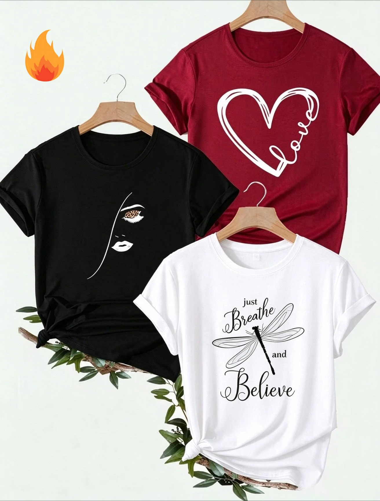 3 Pack Graphic T Shirts Women Minimalist Face Art Love Heart Tee Dragonfly Printed Shirt Multi Pack Casual Short Sleeve Tops