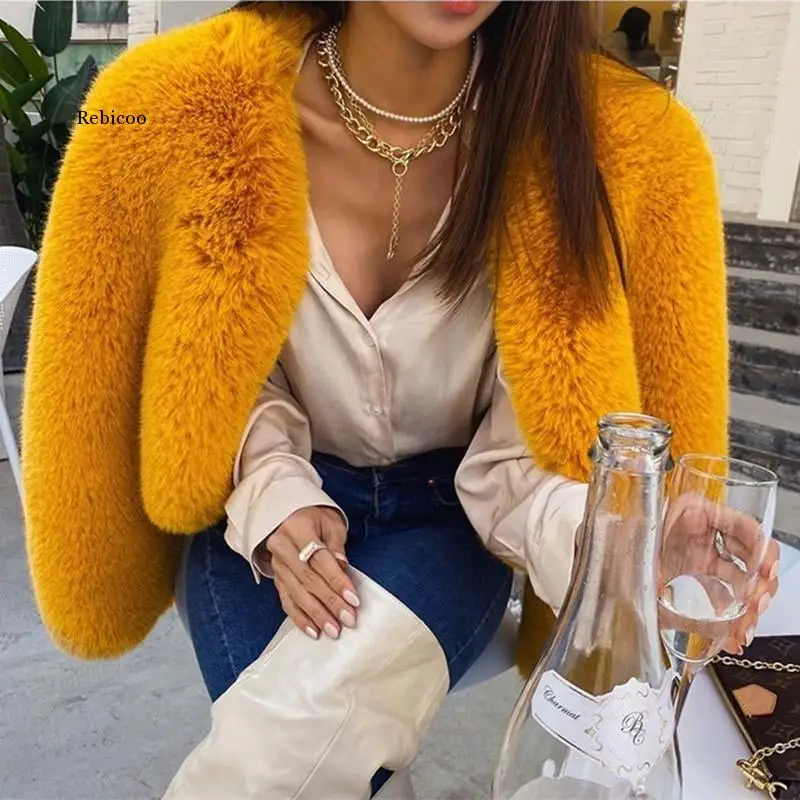 2022 frauen Faux Kaninchen Haar Kurze Pelz Jacke Herbst Winter Hochwertige Furry Gestellte Faux Pelz Mäntel Dame Flauschigen Top oberbekleidung