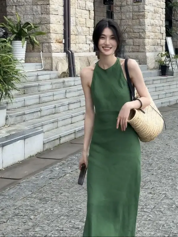 green dress mid length French Vintage Summer New Unique Design Slim Temperament Sleeveless Off Shoulder Long Dresses for Women elegant green cocktail dress