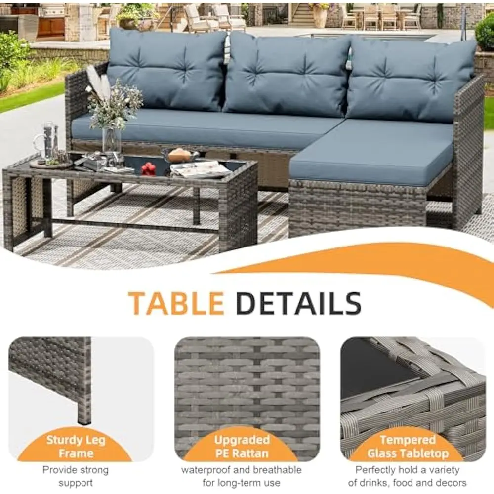 Set di mobili da giardino per esterni da 3 pezzi, set componibili da patio in vimini, divani da giardino in rattan con tavolino da caffè in vetro e cuscino