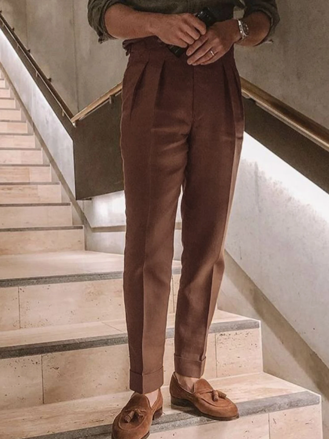 

Мужские элегантные итальянские неаполитанские плиссированные повседневные брюки с высокой талией на пуговицах, осень-зима, Новое поступление, легкая деловая одежда