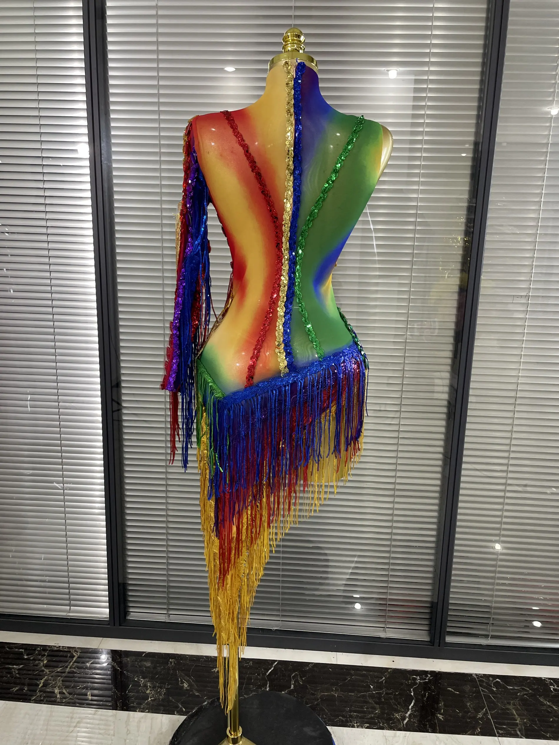 New Rainbow Women Sexy One Shoulder Mesh See Through Tassles Bodycon Mini Dress Birthday Fashion Bar Singer Performance Stage