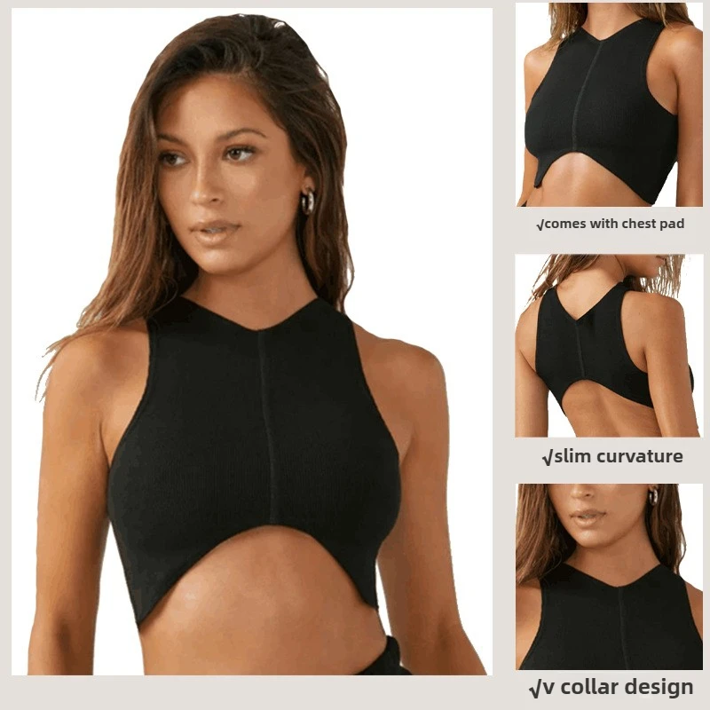 

Spring and Summer Sleeveless Short Slim Fit V-neck Yoga Vest for Women's Running and Fitness Curved Top with Chest Cushion