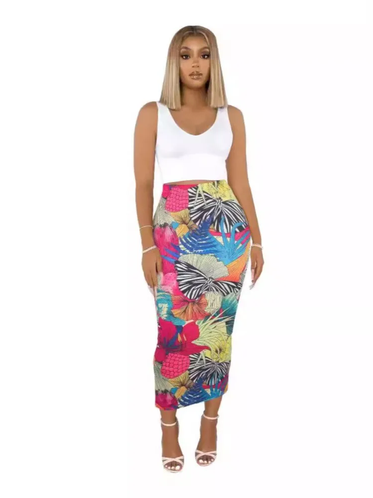 New Bodycon Skirt Fashion Print Elegnt Casual Package Hips Holiday Skirts 2024 Spring Summer