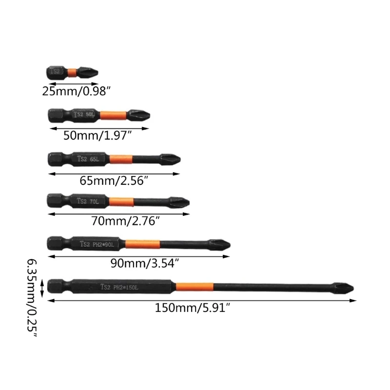 6 Pçs/set Cabeça Lote Magnético Impacto Forte Dureza Cruz Chave Fenda 25-150mm