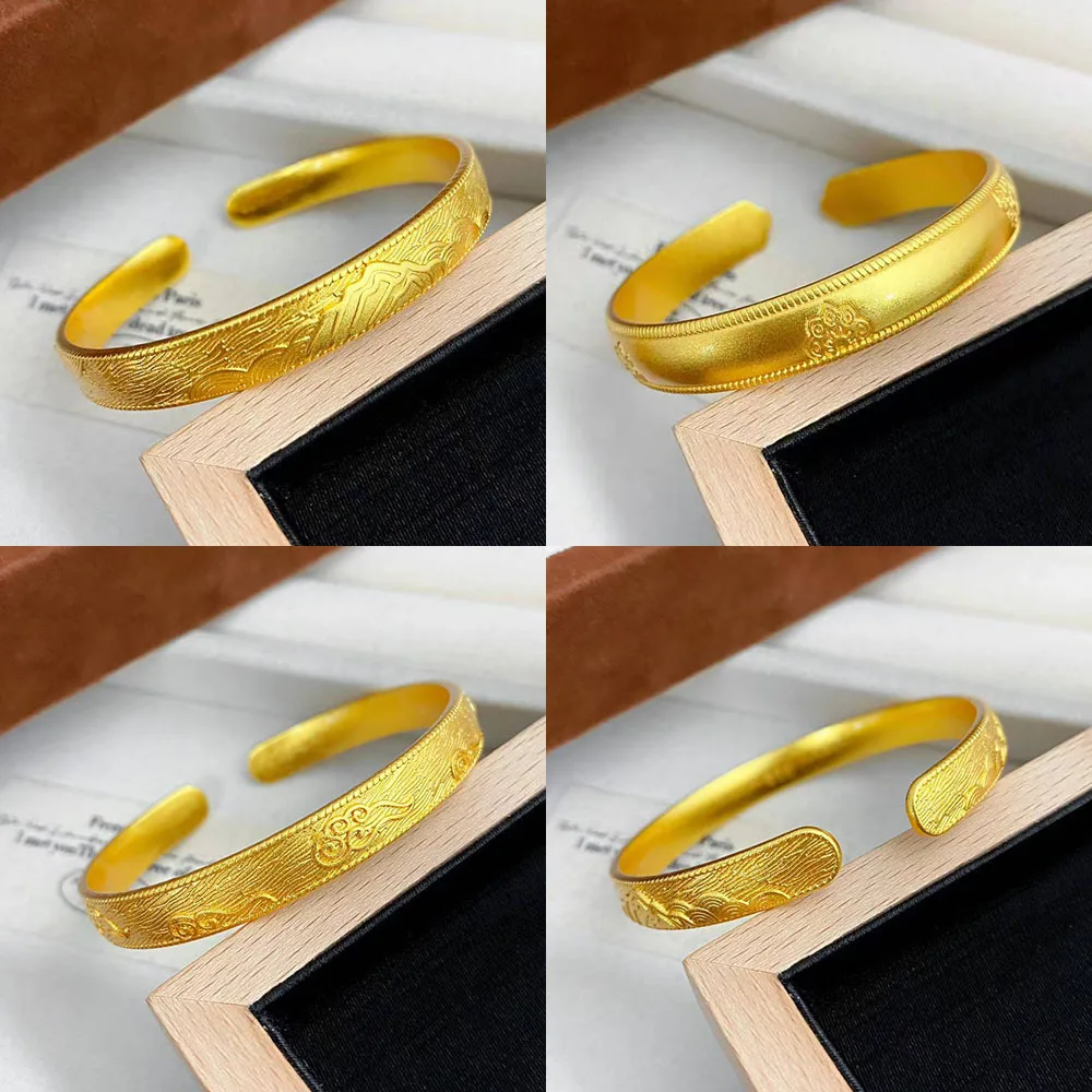 

Women's 24K Gold 5-Petal Lotus Auspicious Cloud Open Bracelet AU999 - Coordinated design, long luster, light luxury