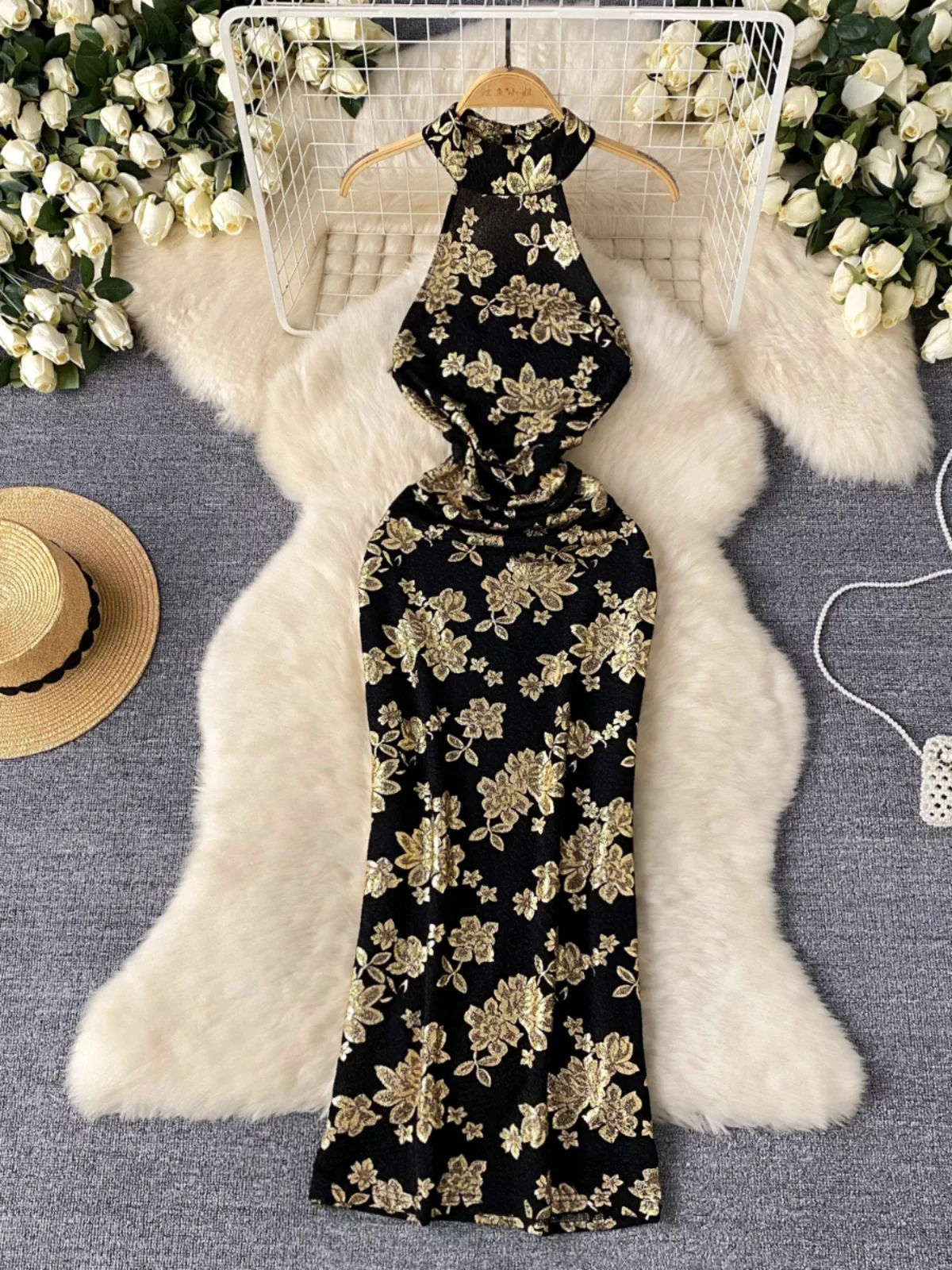 Sexy Bal suspendu Ne Dr femmes taille haute impression dorée coupe ajustée robe de soirée coréenne Sle printemps été