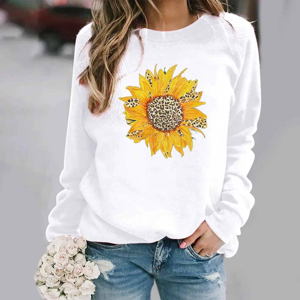 Pull à col rond imprimé tournesol pour femme, sweat à capuche à manches longues, t-shirt pour femme, chemisier pour femme, automne, hiver