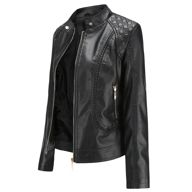 

New 2026 Spring Autumn Women's Leather Jacket Stand-up Collar Zipper Short Motorcycle Jackets Casual Coat Faux Femme Outwear