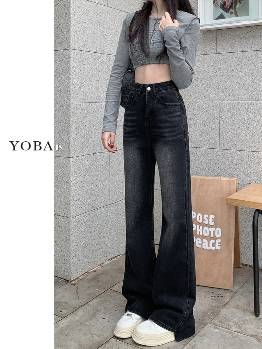 جينز نسائي واسع الخصر سروال جينز نسائي مرن فضفاض للتخسيس طويل من القطن المطاطي من قماش الدنيم مقاس كبير