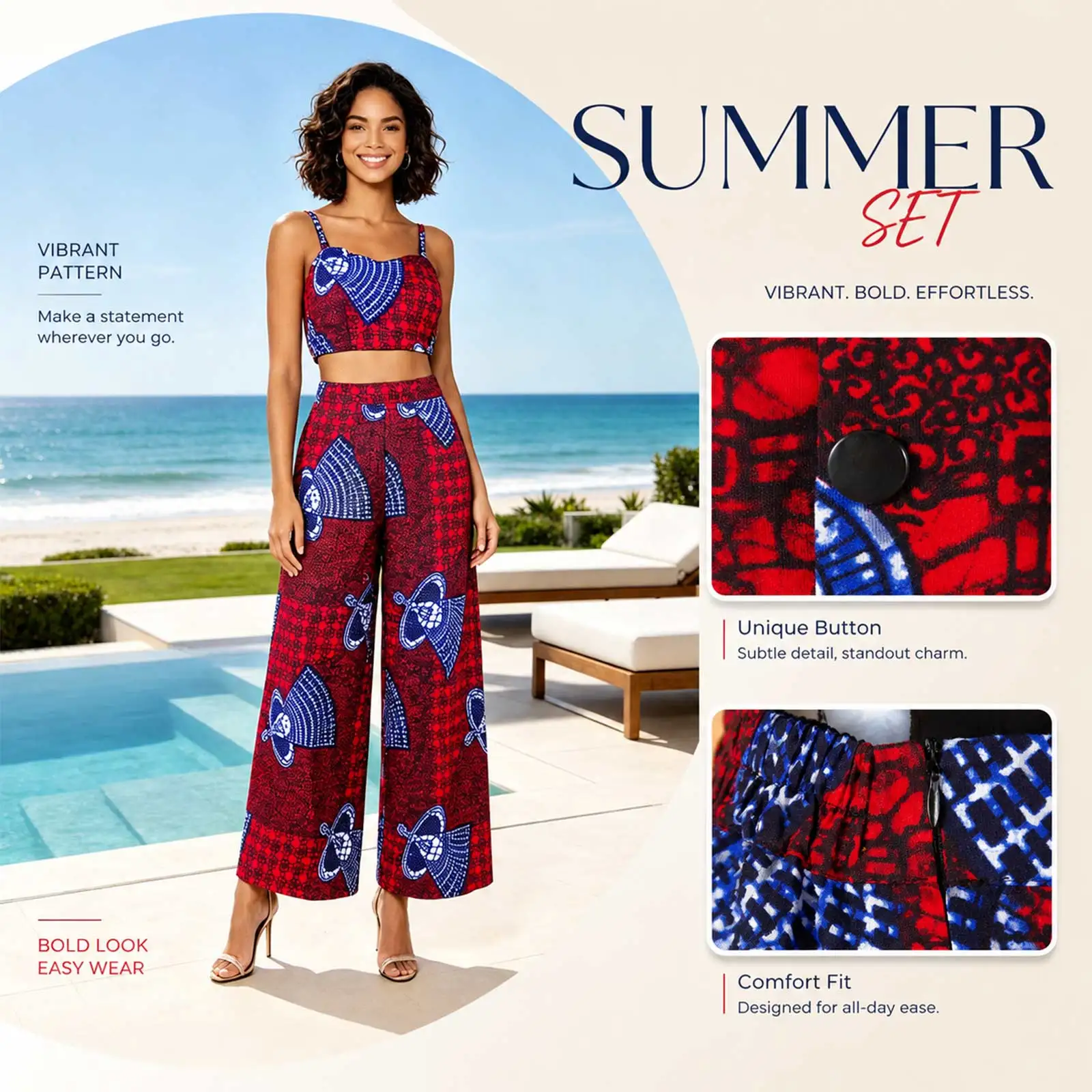 Women 2-pieces Suit African Style AFRIPRIDE Private Custom Sleeveless Halter Short Top + Ankle-length Wide Pant Suit A722646