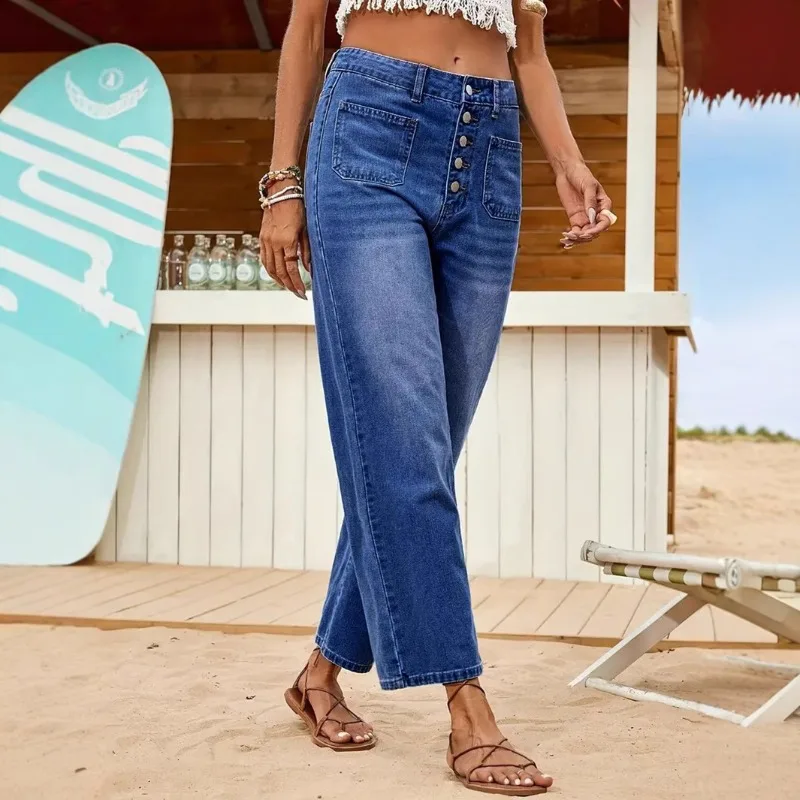 Lässige, geknöpfte Denim-Caprihose für Damen, locker geschnittene Jeans