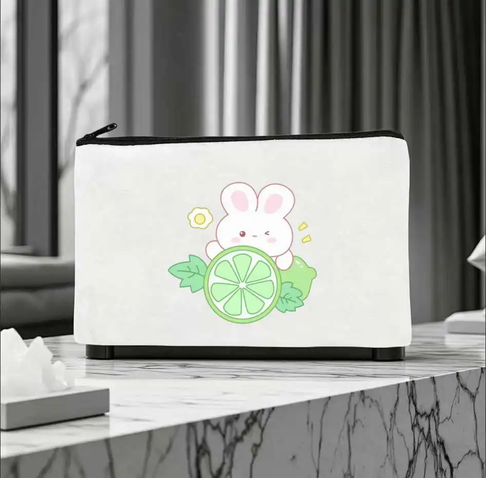 1PC Fresh Green Fruit Rabbit Makeup Bag Double Sided Canvas Student Storage Organizer