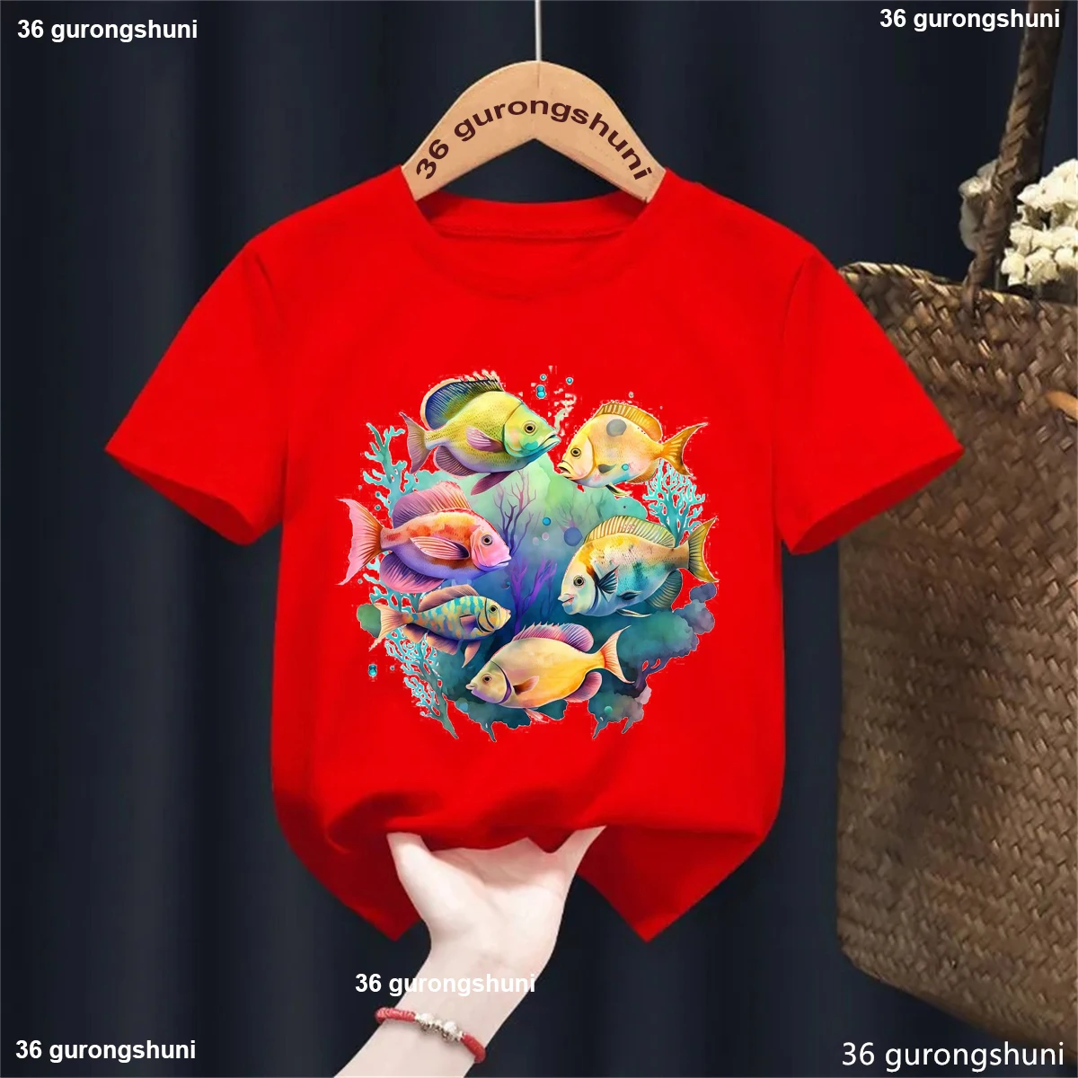 2024 New Kids Tshirts Marine Creatures, Fish And Dolphin Cartoon Print Boys T-Shirts Fashion Cute Boys Girls Universal Clothes