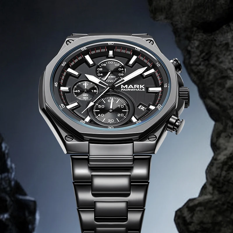 

Мужские модные кварцевые часы MARK FAIRWHALE FW-5057 с восьмиугольным циферблатом, хронографом, водонепроницаемостью 30 м, ремешком из нержавеющей стали, мужские наручные часы