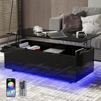 Image Led Coffee Tables for Living Room - High Gloss Table with Led Lights, 20 Colors Controlled by Remote or App