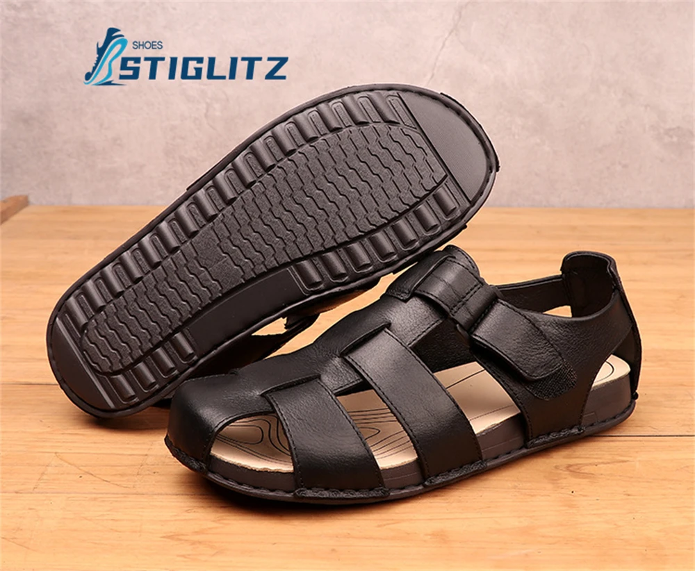 Braided Wide Belt Pig Cage Flats Black Genuine Leather Hollow Simple Casual Shoes Holiday Beach Non-Slip Sandals Roman Sandals