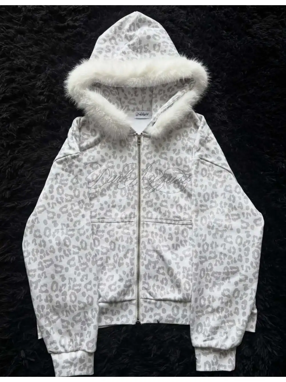 2026 new American retro leopard print fur collar hooded sweatshirt with letter print, loose zipper, personalized street style - view 4