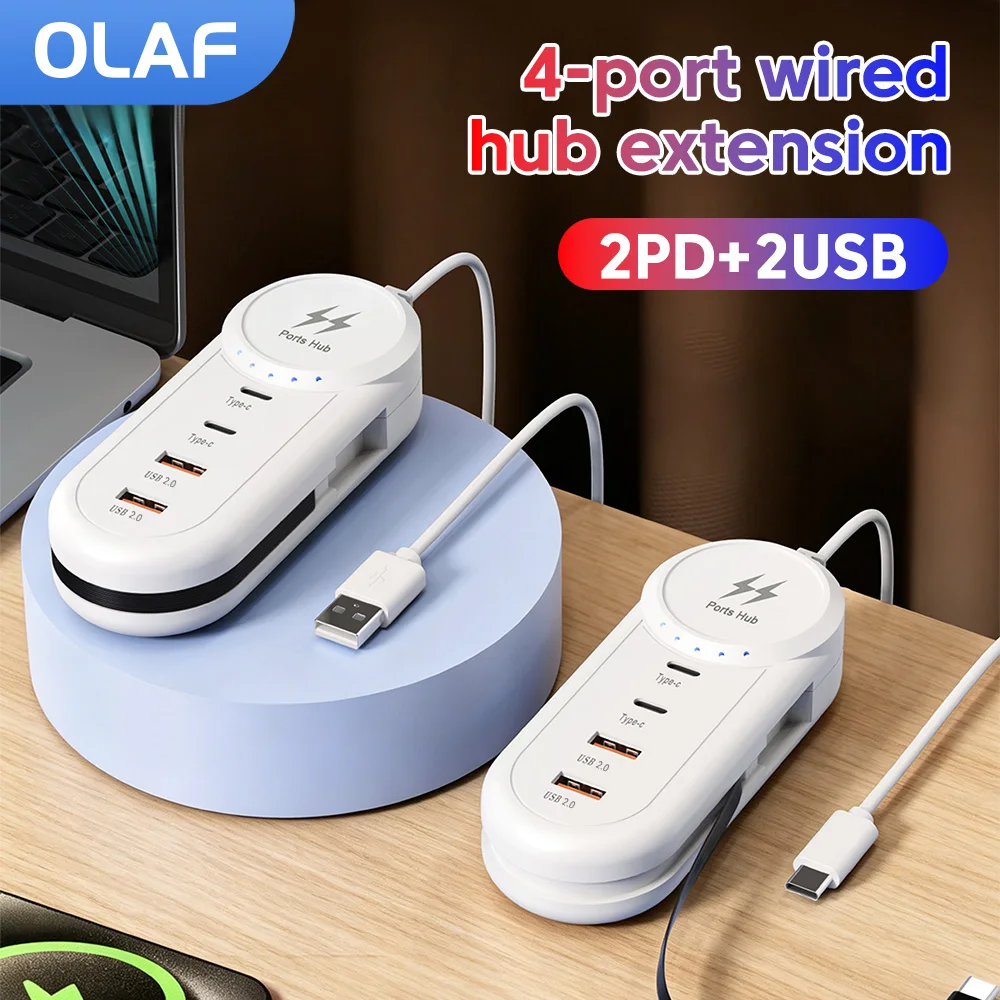 4-Port Wired Hub Extension 2PD+2USB Type C/USB Cable Dual PD Dual USB Charger Plug Board Splitter Fast Data Transfer Hub