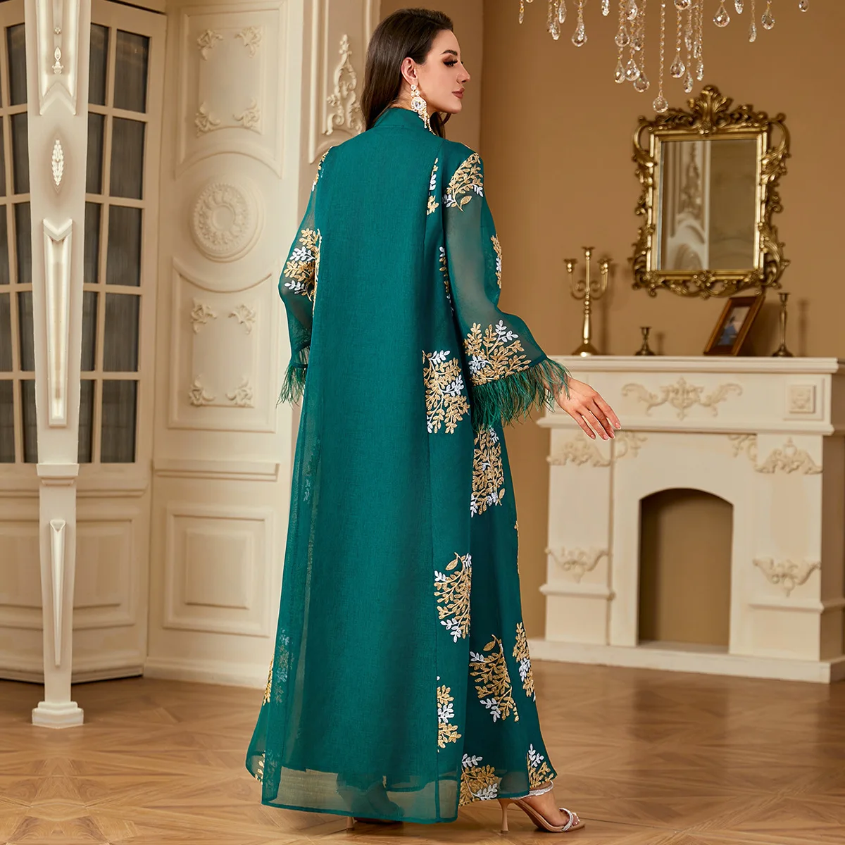Eid Abayas pour femmes plume caftan Robe musulmane broderie turquie Caftan Marocain Femme Robe Islam vêtements Jalabiya robes