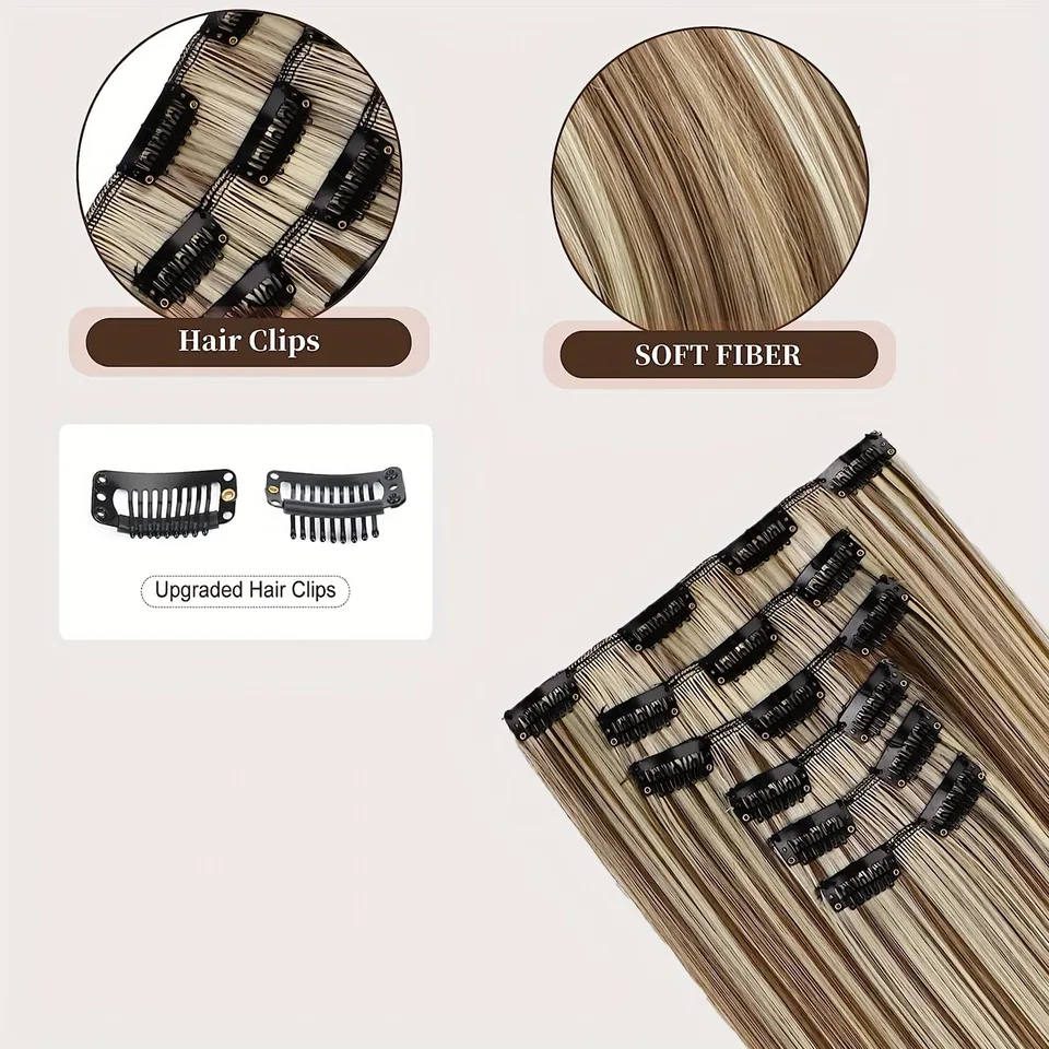 Extensiones de Cabello con Clip Gruesas Largas con Weft de Encaje Ligero Sintéticas para Mujer Café con Leche 6