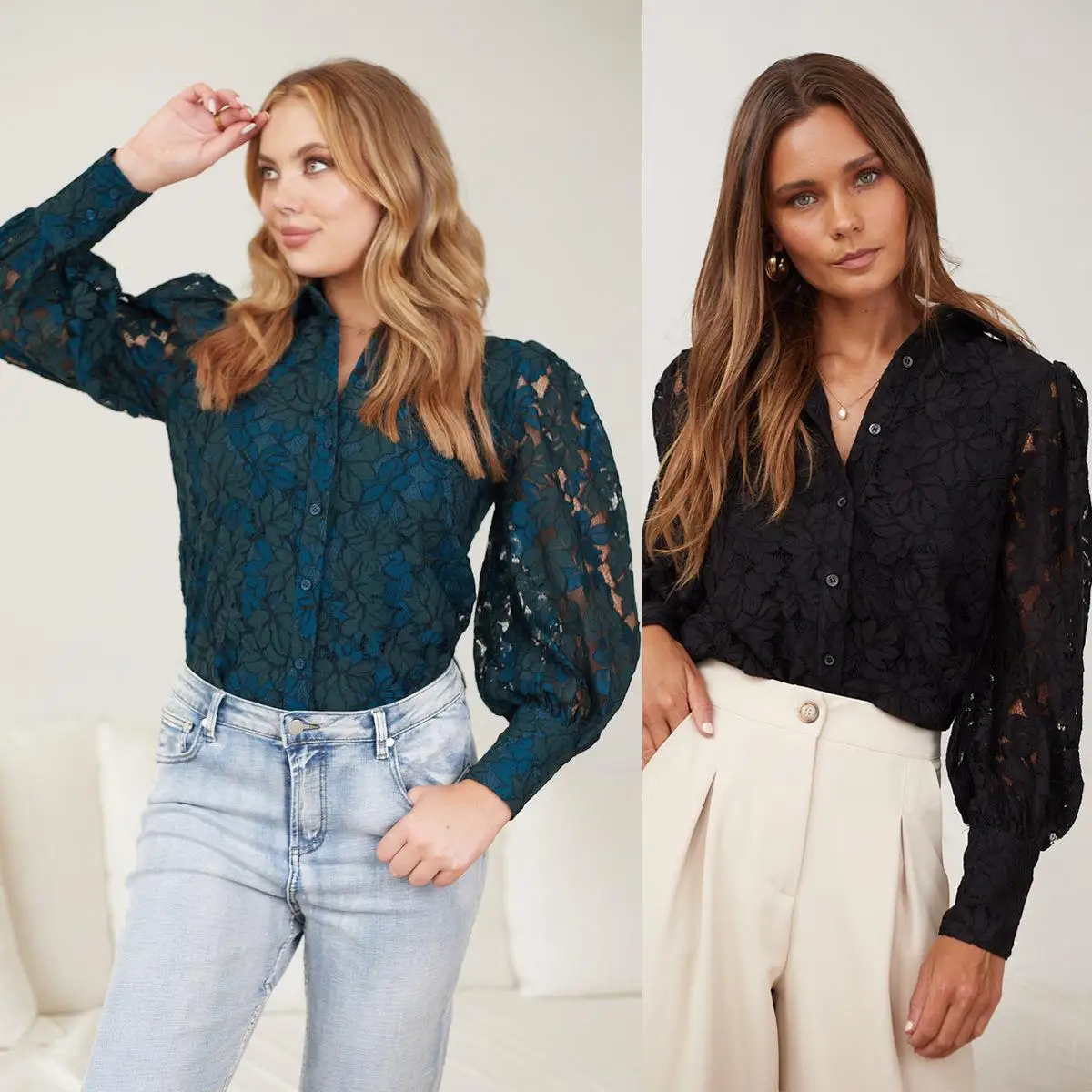 

Women's Long Sve Hollow Lace irt Lapel Top Polyester Fiber Bubble Sve Non-Sinking Regular Thin Spring 2023