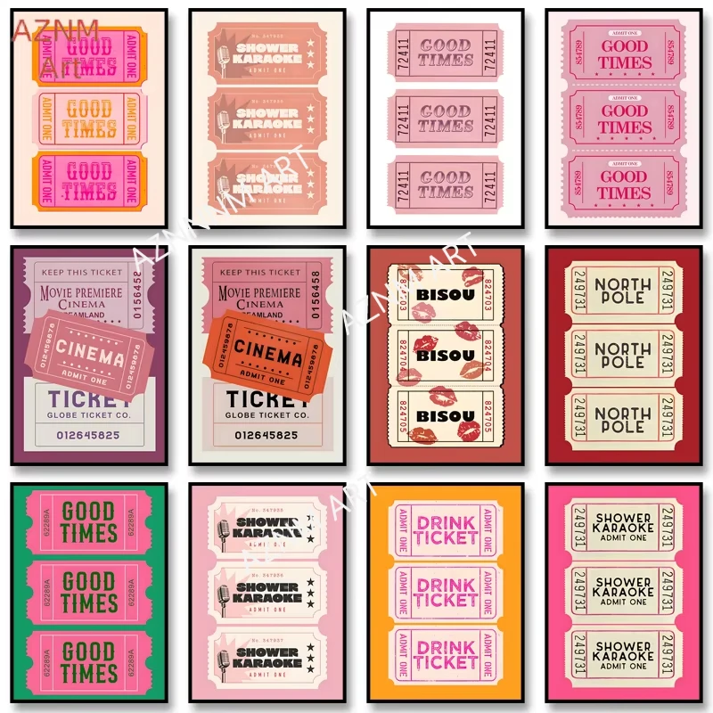 Shower Karaoke Ticket Poster Couch Club Retro Ticket Canvas Painting Print Wall Art Picture for Bathroom Home Decoration