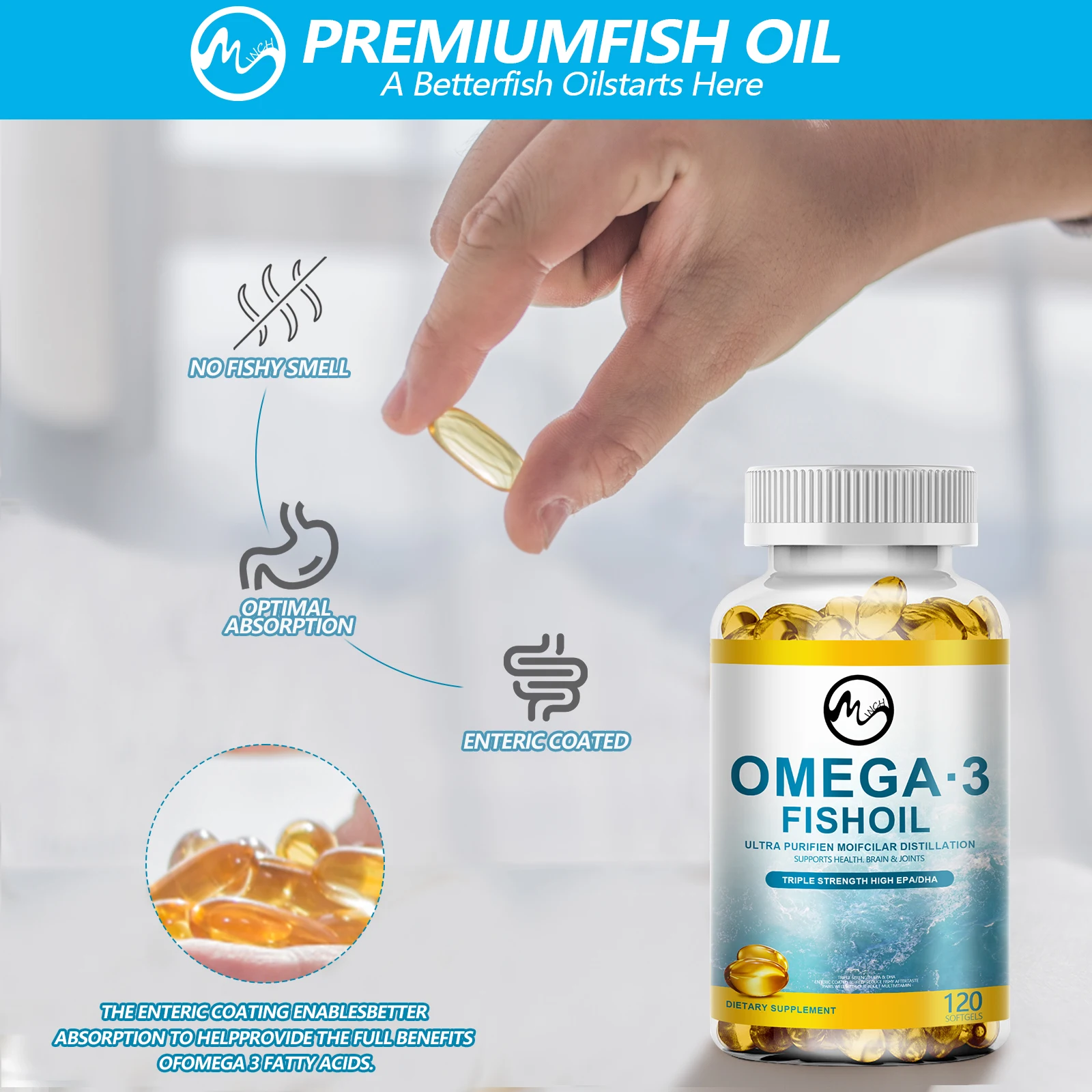 Minch Omega 3-visoliecapsules ondersteunen het zenuwstelsel van de hersenen Goed cardiovasculaire ontstekings- en huidgezondheid Antioxidant