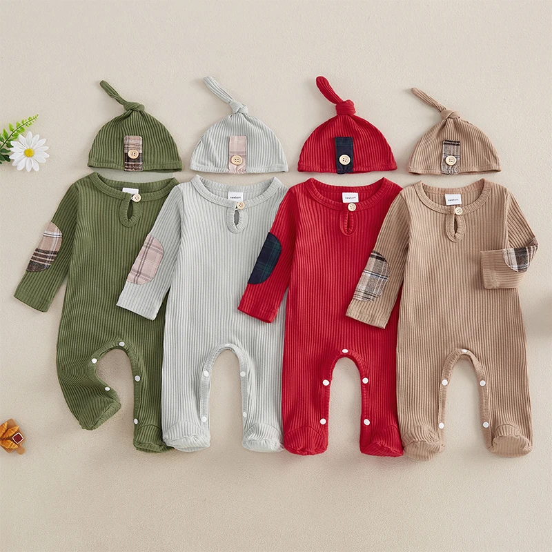 

Newborn Baby Pajamas Plaid Ribbed Footies Round Neck Long Sleeve Jumpsuit with Hat Fall Winter Outfit for Daily Wear