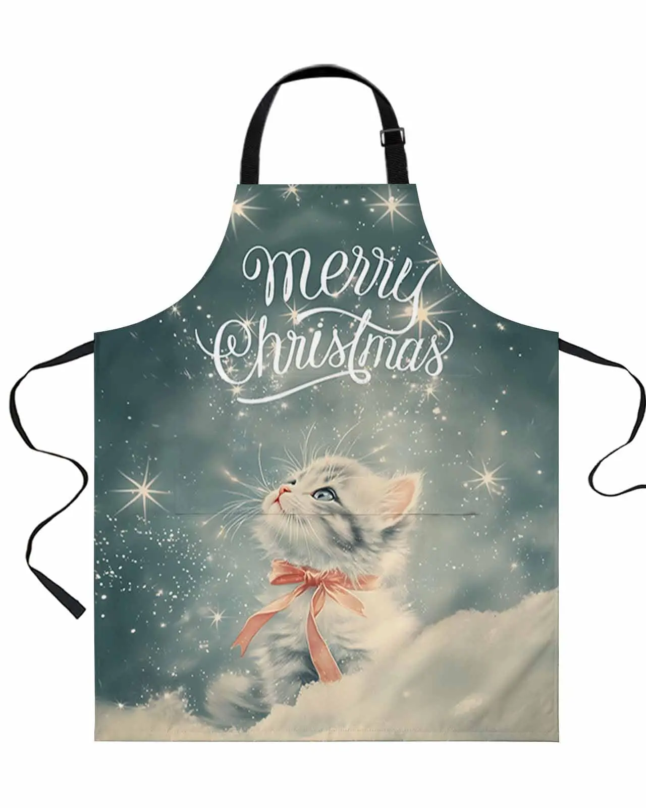 

Kitchen Cooking Apron Merry Christmas Cute Cat Cartoon Style Adjustable Waterproof Bib Aprons for Women/Men with Pockets