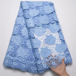 Latest Sky Blue African Guipure Lace Fabric 2024 High Quality Lace French Cord Lace Fabric With Sequins For Wedding 5Yards S8017