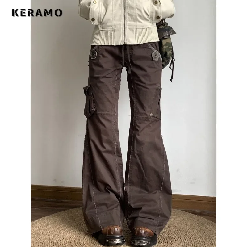 2025 Spring Harajuku Female Retro High Waist Flared Jeans Y2K Sheath Pants Hight Street Women's Vintage Pocket Denim Trouser