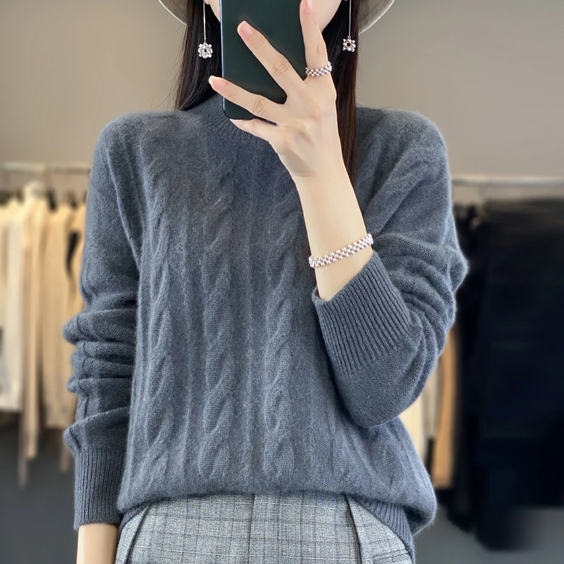 Fall/Winter 2023 New 100% Merino Wool Women\'s Semi-high Neck Solid Color Long Sleeve Sweater Knitted Pullover Leisure