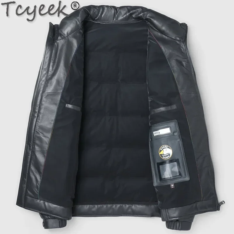 Tcyeek, chaquetas de invierno de cuero genuino para hombre, abrigo cálido de plumas de ganso, ropa para hombre, abrigos de piel de oveja de capa superior, chaquetas 2024