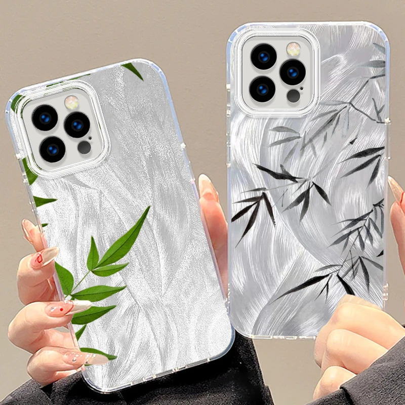 

Bamboo Green Retro Style Leaf For iPhone 15 14 13 12 11 XS X XR 8 7 Pro Max Plus Feather Yarn TPU Phone Case