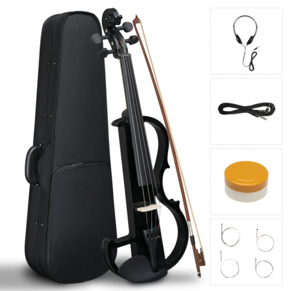 

4/4 Violin Full Size Set Silent Electric Violin with Case Bow Rosin Headphone Connecting Line Black Violin Kit for Beginner