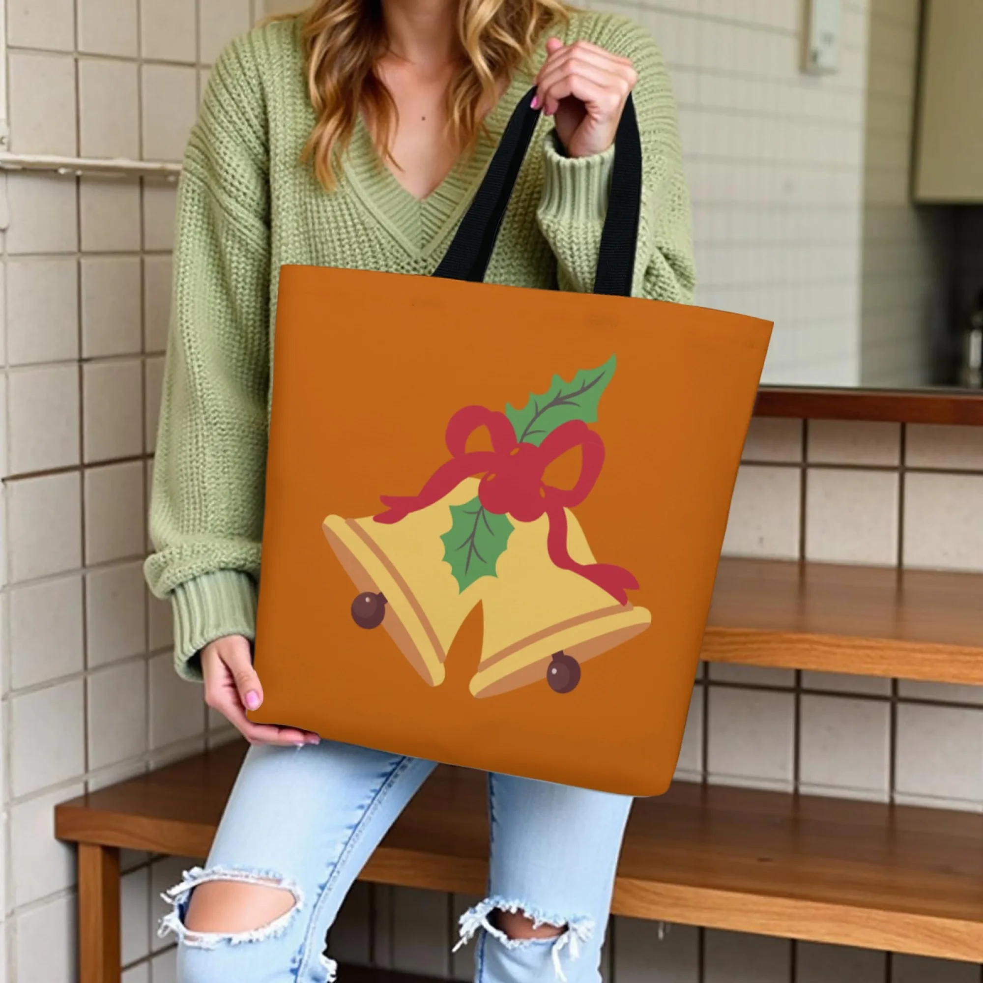 

Eco-Friendly Christmas Bell Canvas Tote Bag Orange Festive Illustration Shoulder Bag for Women Ideal for Happy Holiday Outings