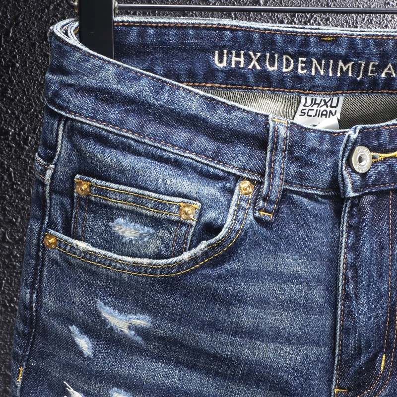 Street Designer Fashion Men Jeans High Quality Retro Blue Stretch Slim Fit Ripped Jeans Patched Vintage Y2K Denim Pants Hombre