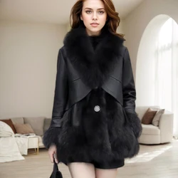 Streetwear Thicken Warm Overcoat Korean Luxury Sheepskin Splice Leather Jackets For Women Solid Color Long Sleeves Plush Coat