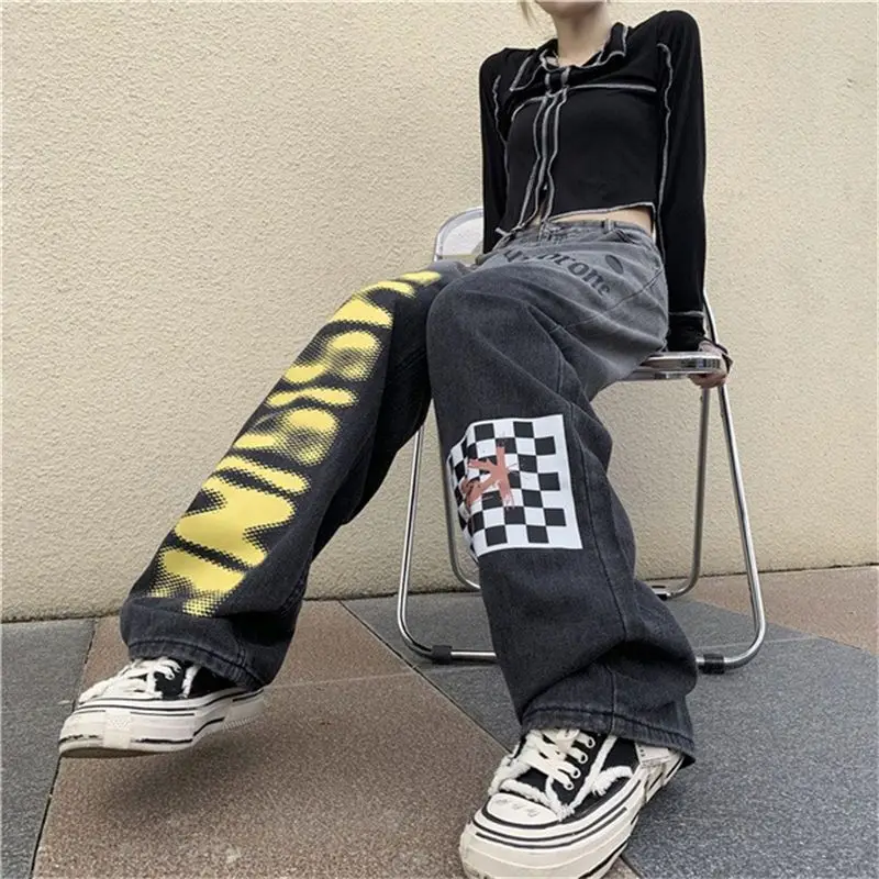 Gradient Jeans Women's New High Street Ins Trendy Design Sense High Waist Slimming Loose Wide Leg Straight Leg Pants